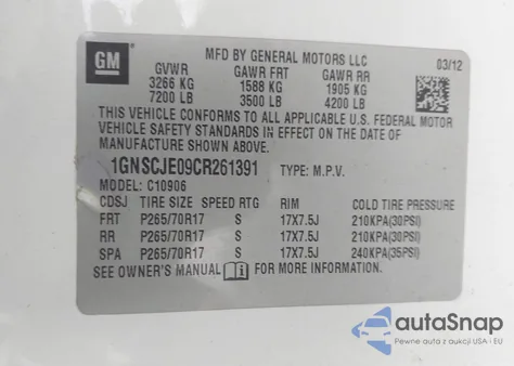 2012 Chevrolet Suburban 1500 Lt from USA, damaged, VIN 1GNSCJE09CR261391